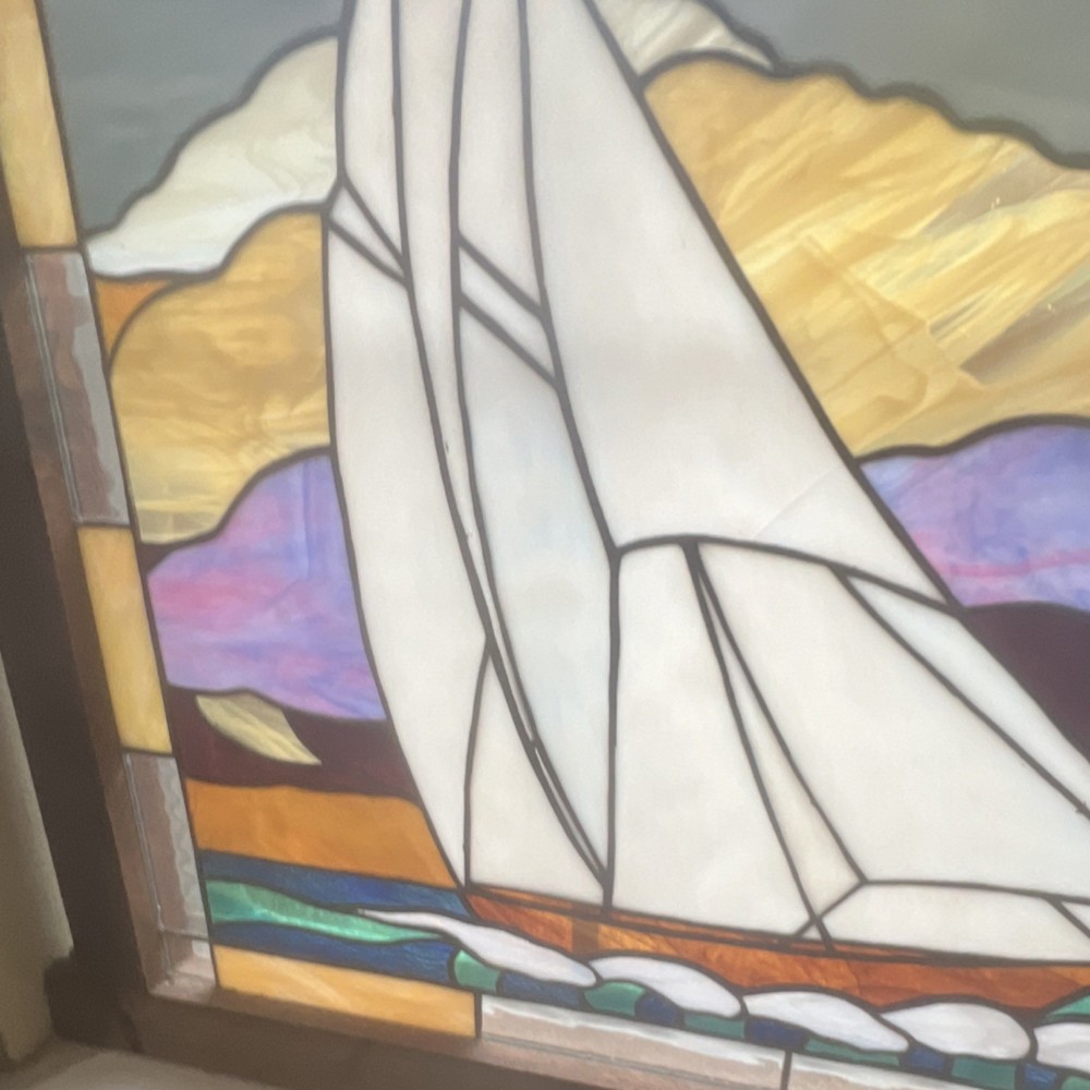 Leaded Stained Glass Window Hanging Sailboat Scene Large Rectangle