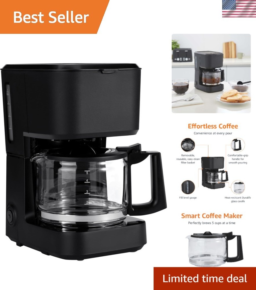 Matte Black 5-Cup Coffee Maker with Auto Shut-Off & Pause Pour Feature