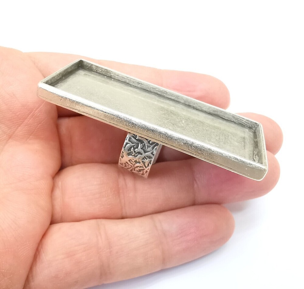 Large Rectangle Ring Blank Settings Cabochon Mounting, Adjustable Antique Silver