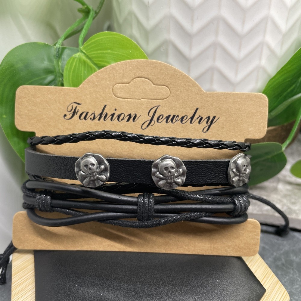 2 PC Leather Bracelet Set Stackable Adjustable Tie New Free Ship B7507