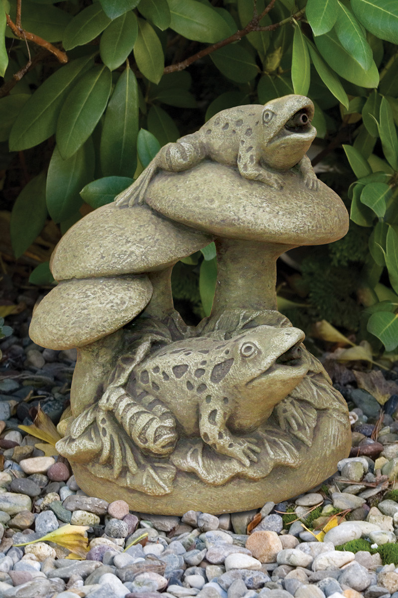 Frogs and Mushrooms Plumbed Spitter-solid cast stone art-fun lifelike pond decor