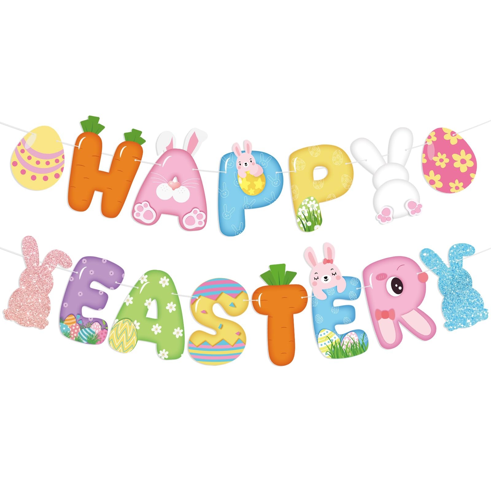 Happy Easter Banner Sign Bunny Eggs For Spring Party Outdoor Porch Decor Art