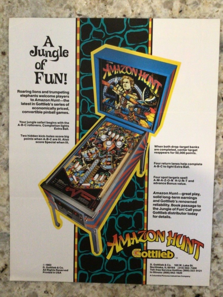 Gottlieb Amazon Hunt pinball machine brochure