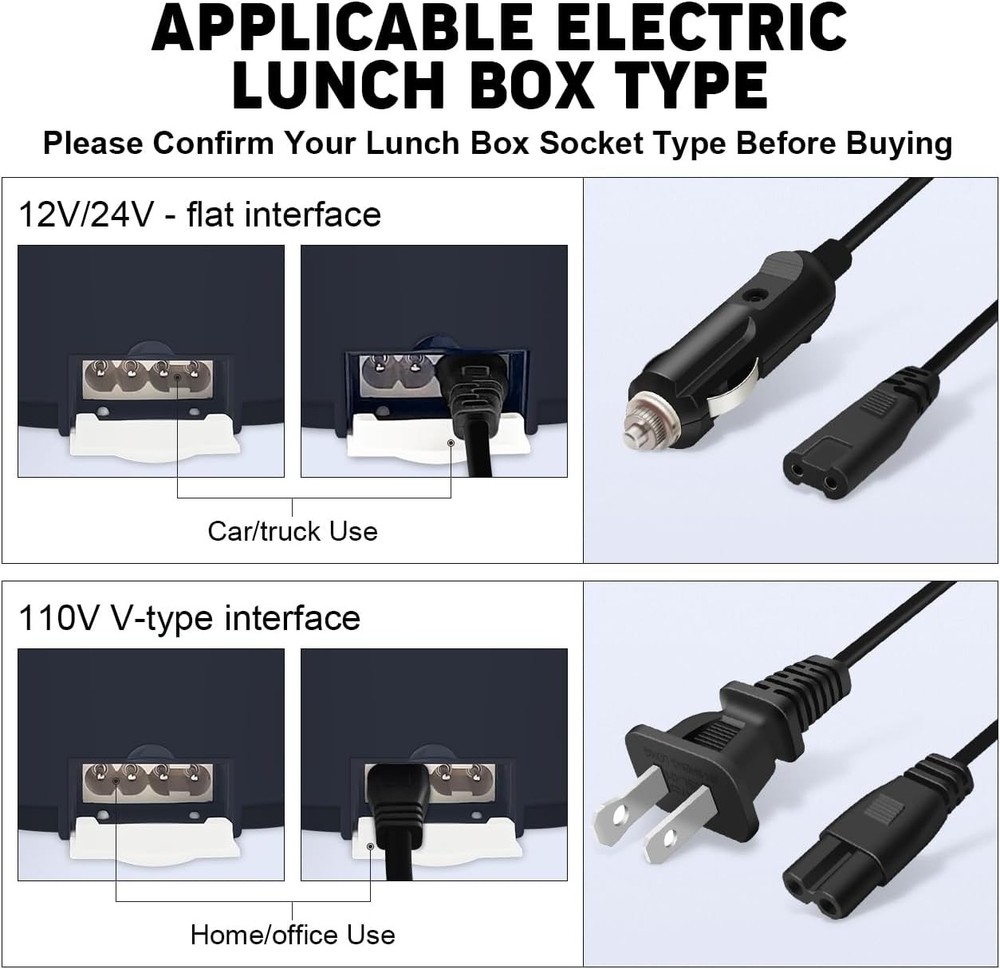 Electric Lunch Box Cable Type A NOT Universal, 110V V-Type Angle A, Dark Grey