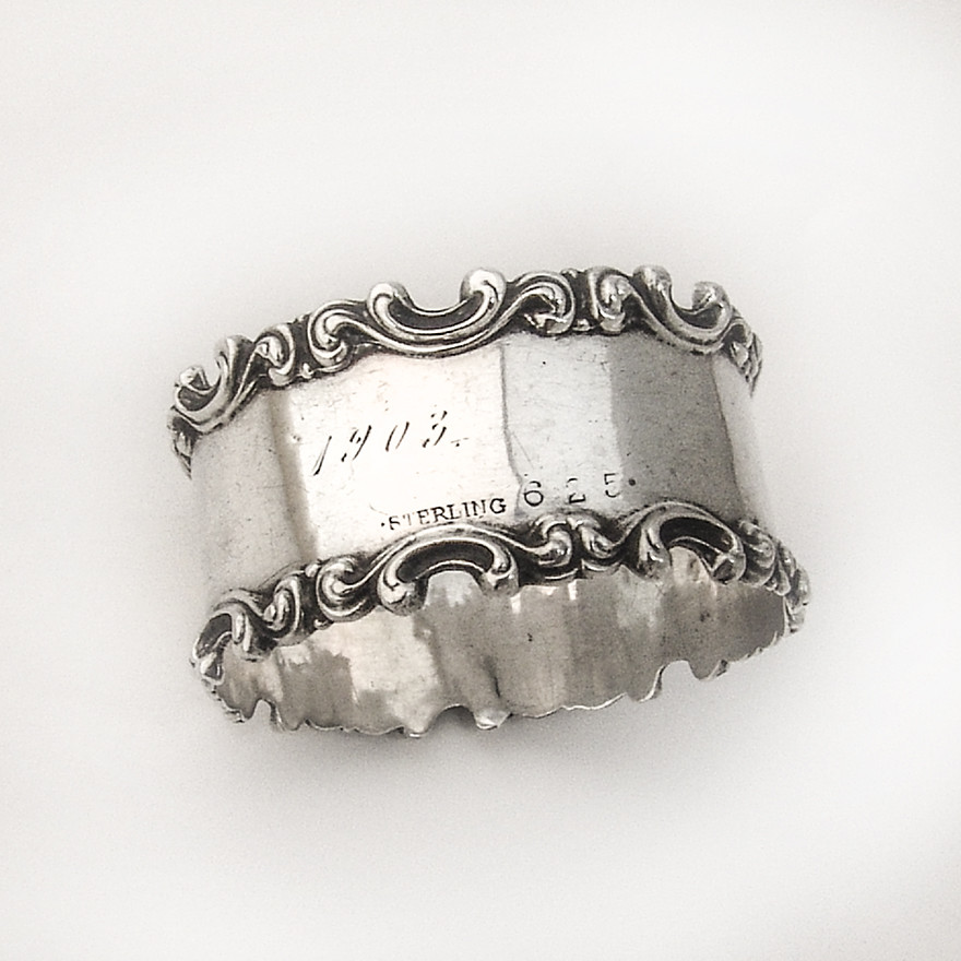 Napkin Ring Ornate Scroll Applied Borders Sterling Silver 1900