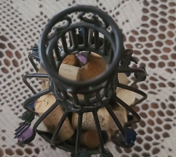 Brown ~ Metal ~ Wine Cork Storage Basket ~ Container ~ Beaded & Leaf Design