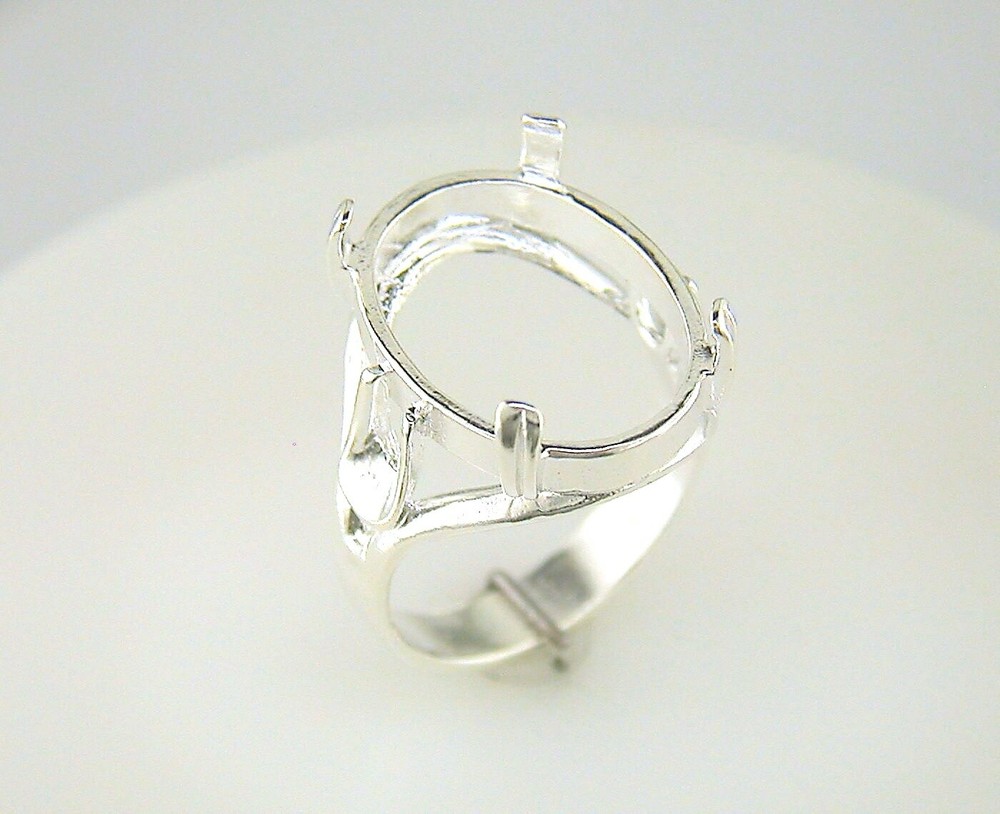 Oval Cabochon Solitaire Side Deco Ring Setting Sterling Silver