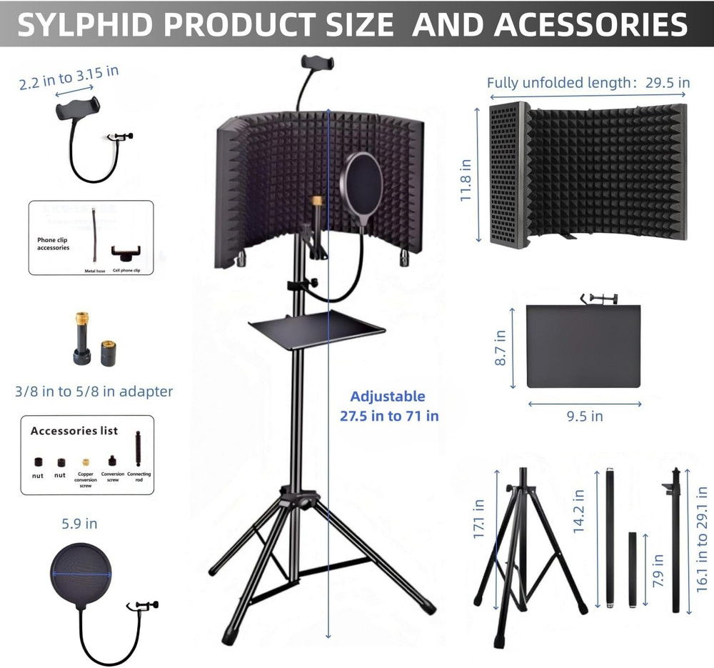 Microphone Isolation Shield with Pop Filter & Stand and Phone Clip, Foldable Tri