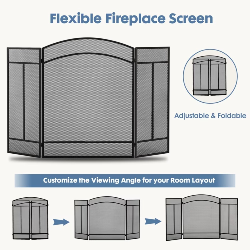 48" Fireplace Screen with Hinged Doors, 3 Panel Spark Guard Cover