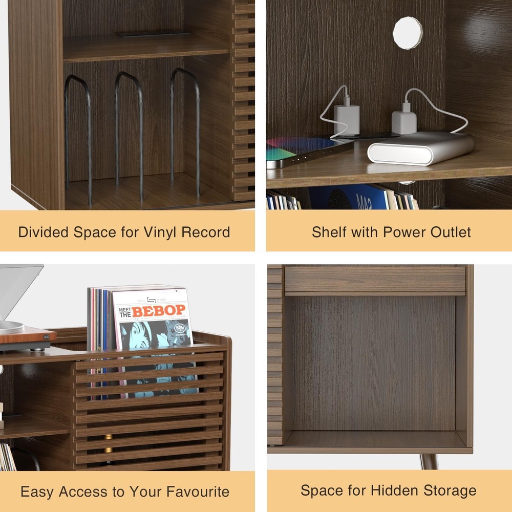 Medieval modern record player stand, featuring a socket and sliding door design.