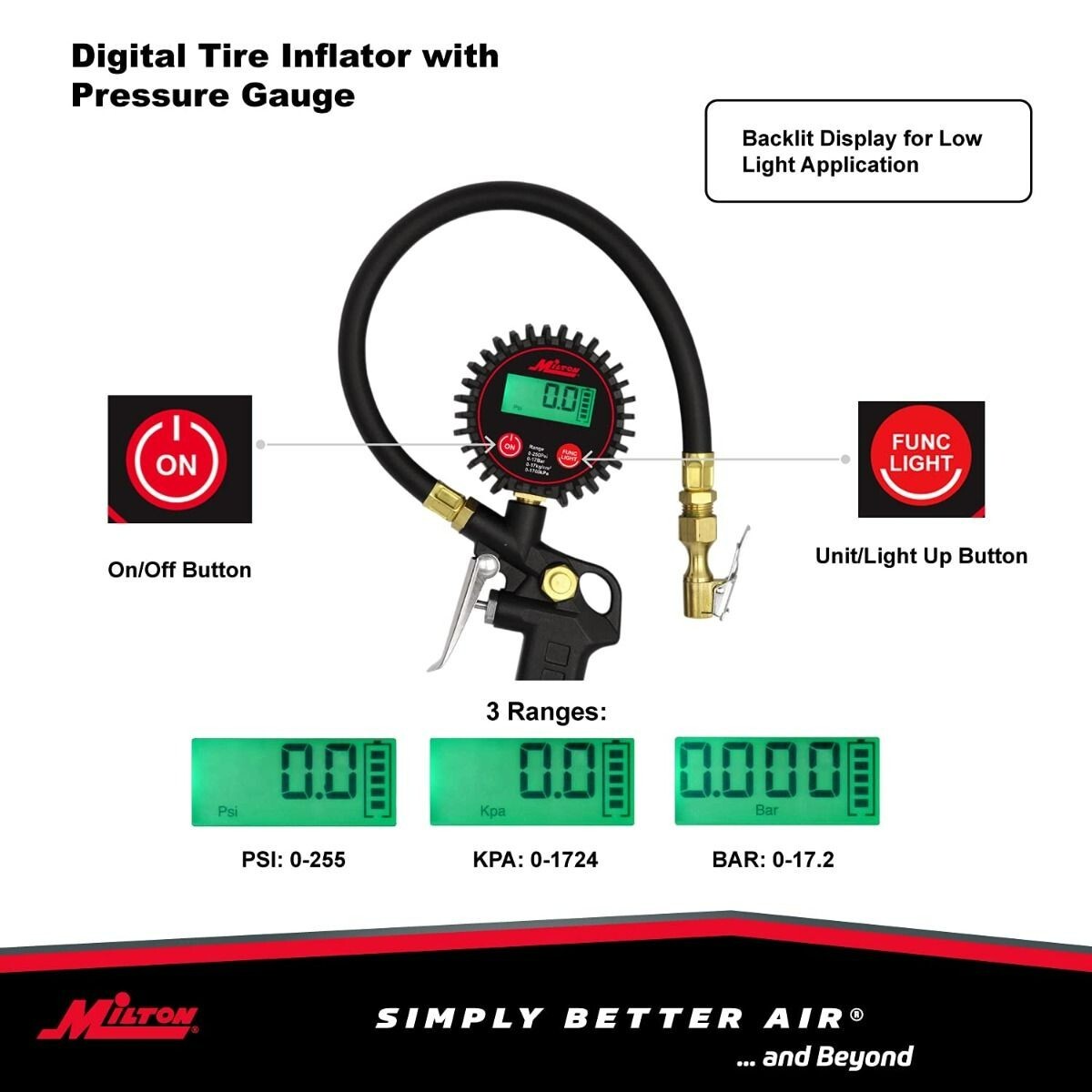 Milton® Digital Tire Inflator / Pressure Gauge, 0-250 PSI, 14" Air Hose, Lock-on