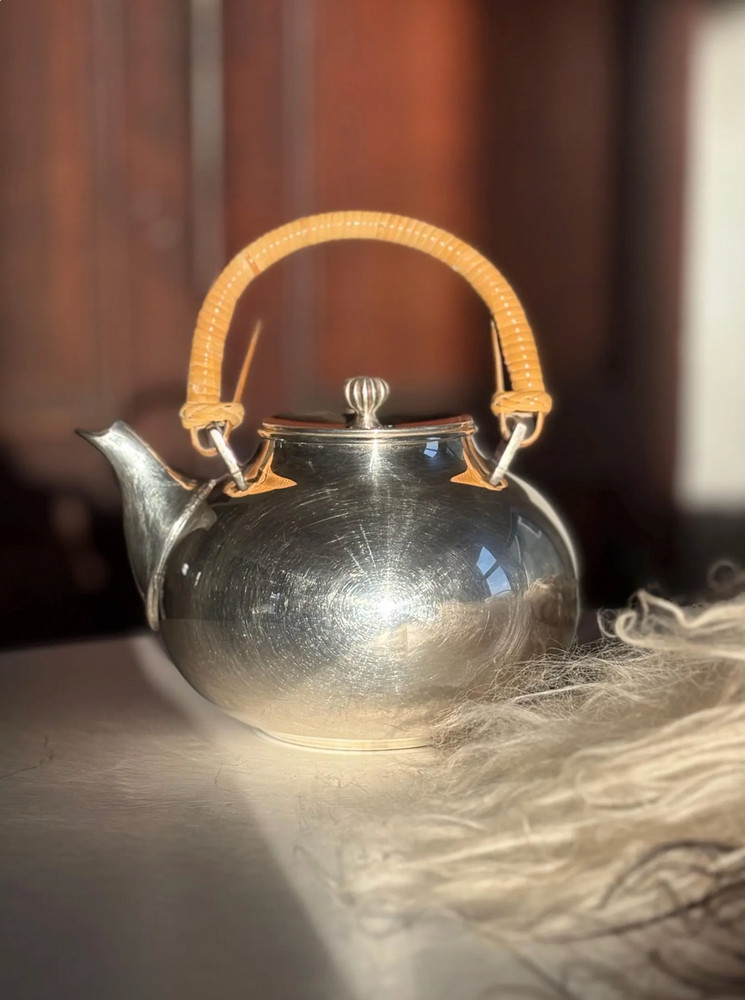 Vintage MCM Gorham Newport Silverplate Teapot w/ Bamboo Wicker Handle