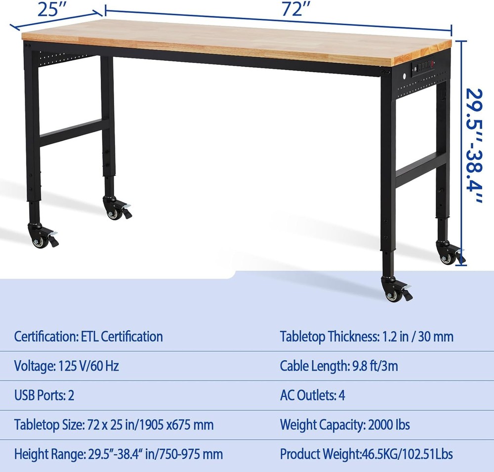 Adjustable Height Workbench 72"x 25" 2000 Lbs Capacity Heavy-Duty Power Outlets