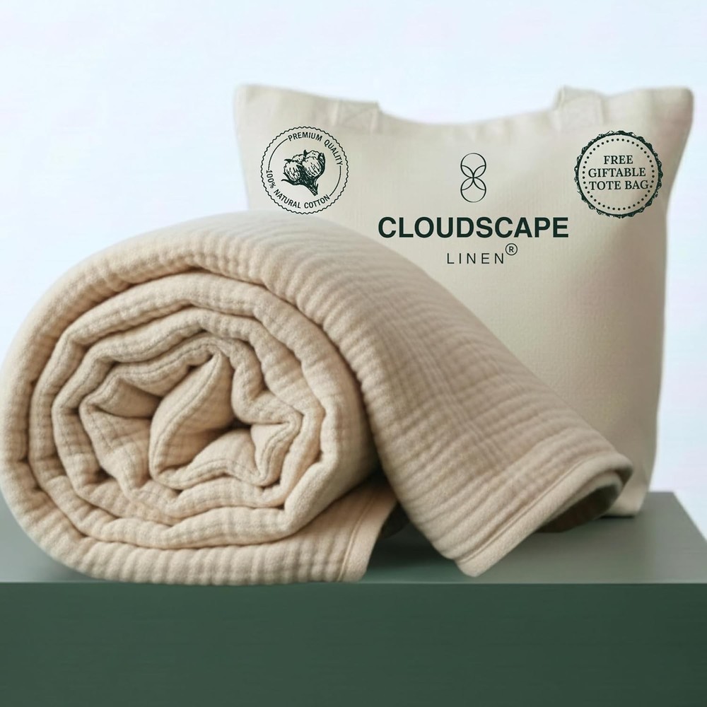 CLOUDSE  Cotton Muslin Blanket Twin Size, 4 Layer Oversized 68x92
