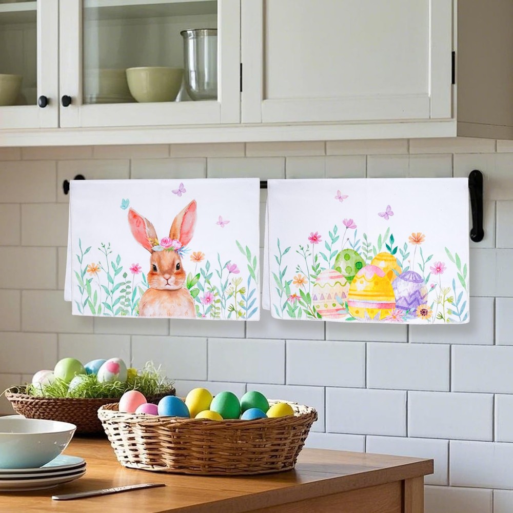 2 Pack Easter Kitchen Towels Bunny Flower Eggs Patterns Dish Towels 16x24 Inc...