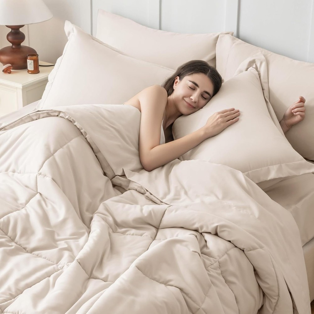 Complete Queen Bedding Set - Ultra-Soft Comforter, Sheets & Pillowcases in Beige