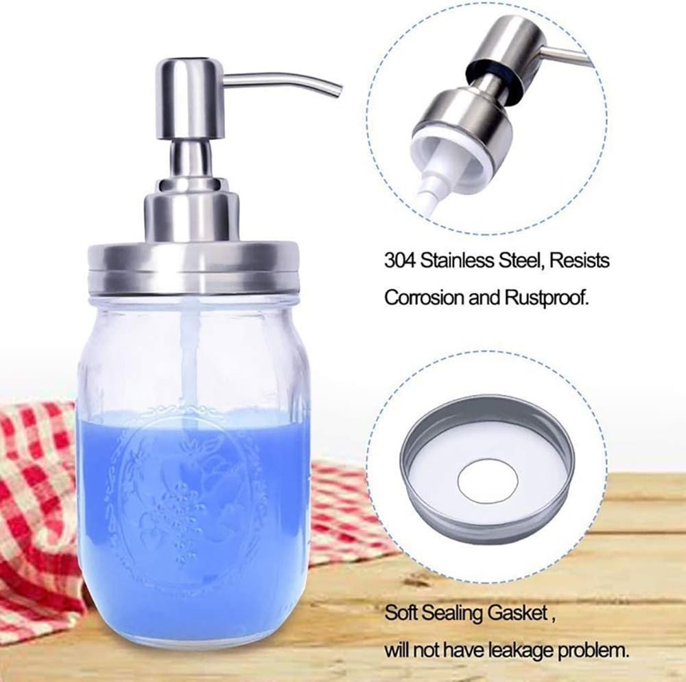 2 Pack Mason Jar Soap Dispenser Lids with Pumps, Rustproof Stainless Silver