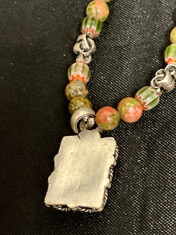 Multicolored Beaded Necklace with Rectangle Framed Pendant