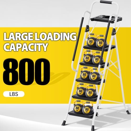 Folding 5-Step Ladder, 800 lbs Capacity Step Stool with Safety 5-STEP White