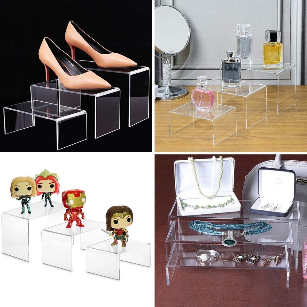 Display Stand Shelf Holder Rectangle Risers Transparent Trophies 3 Tier