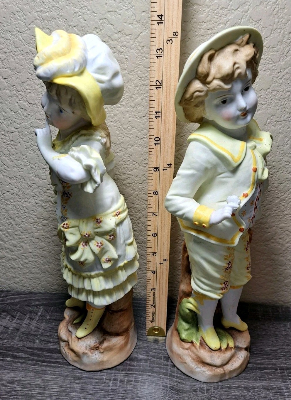 Antique Gebruder Heubach German Porcelain Bisque 14" Boy & Girl Figurine Pair