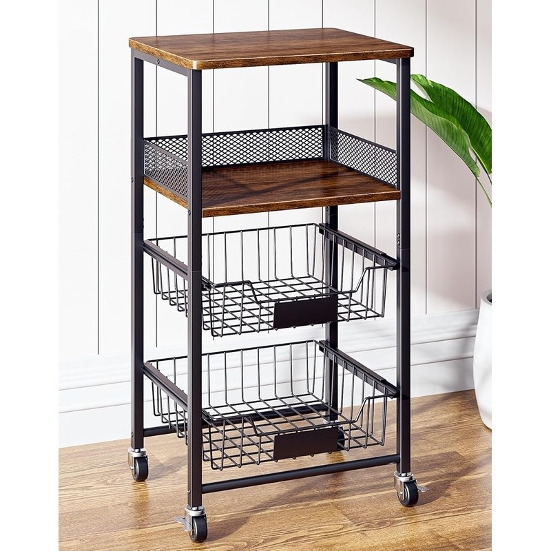 Rolling Kitchen Cart W/ Pull-Out Baskets Snack Organizer Fruit Storage