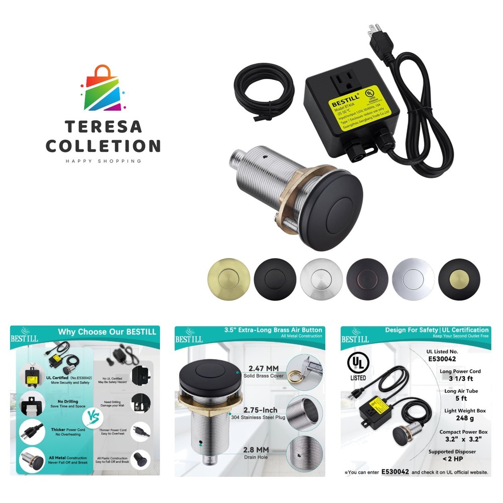 Garbage Disposal Air Switch Kit -  Listed, Brass 3.6" Long Push Button for Wa...