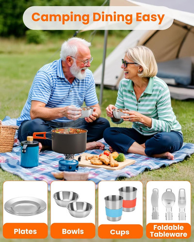 22Pcs Camping Cookware Mess Kit for 2, Lightweight Large, Silver, Orange