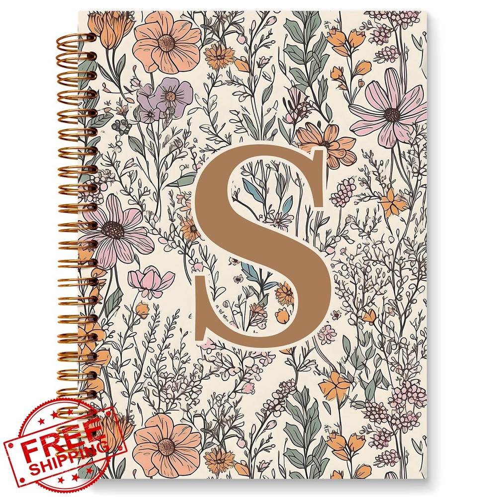 JXREQ Boho Floral Notebook, Initial S Monogram Spiral Journal