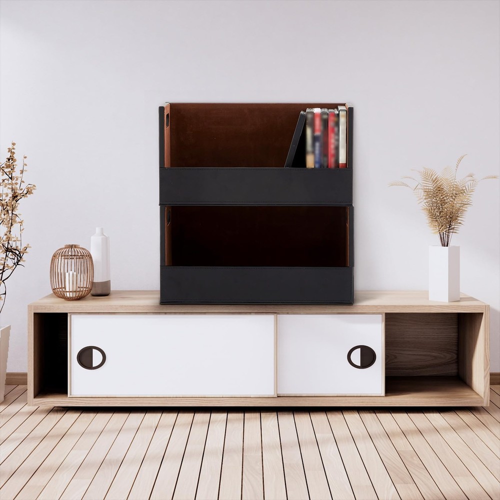 2 Set Leather Dvd Storage Box Stackability Dvd Storage Shelf Holder Racks Cas...