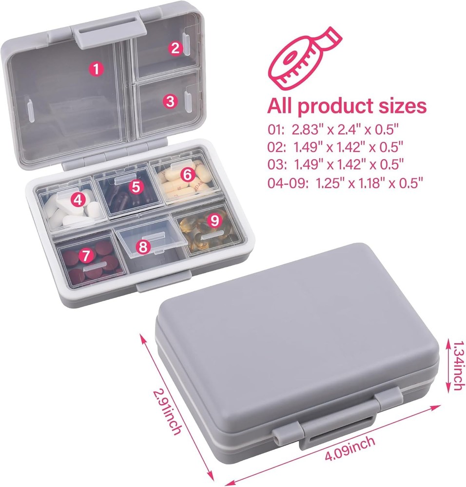 Moisture-Proof 9-Compartment Pill Case - Secure Grey Pill Organizer for Vitamins