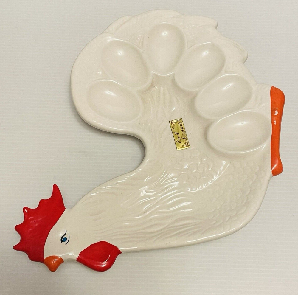 Emil Ceramic Rooster shaped egg holder serving ceramic plate.