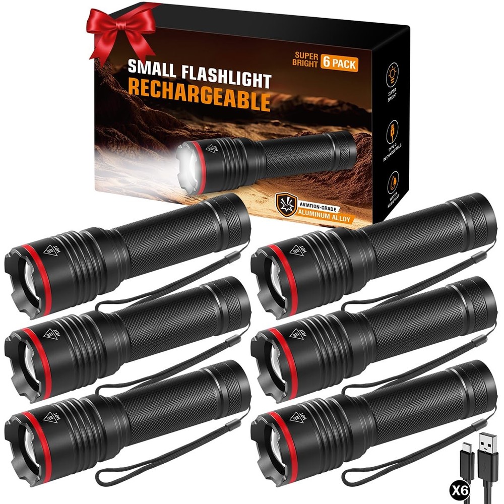 6Pack Rechargeable Flashlights High Lumens, Small Flashlight Powerful, Mini LED