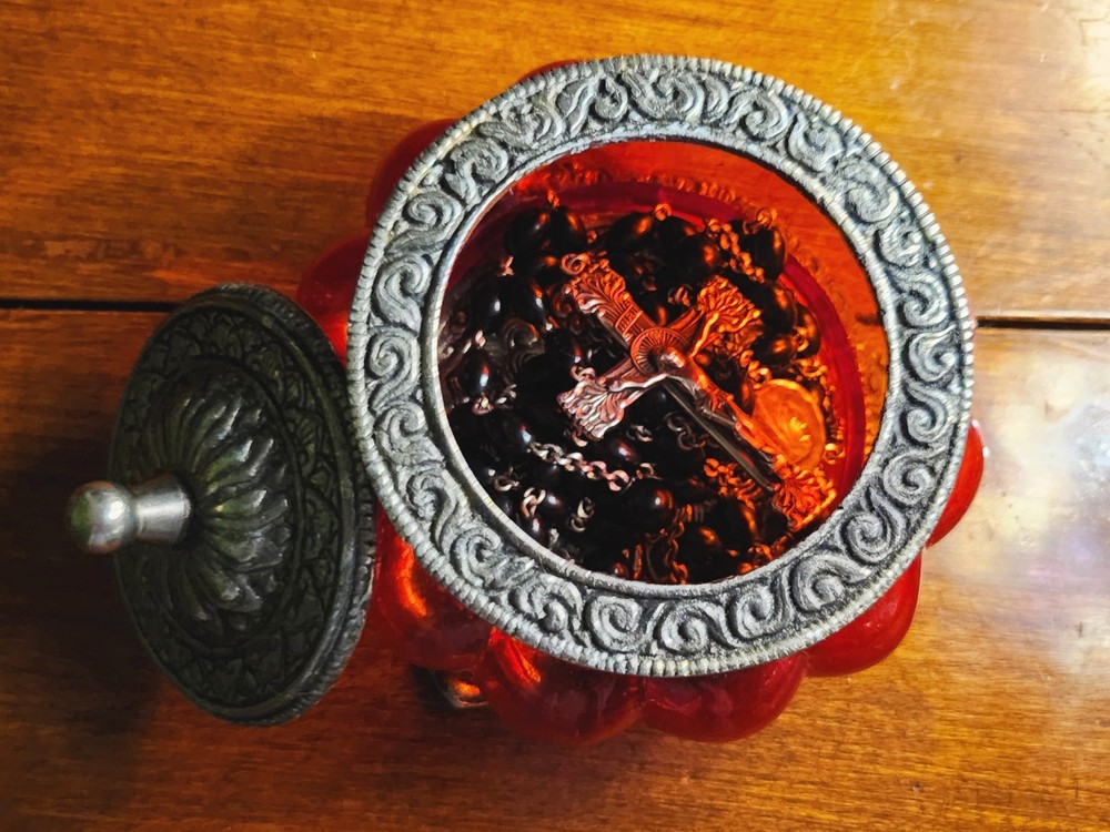 Vintage Sterling Silver Celluloid Bead Rosary & Vtg Red Moroccan Blown Glass Box