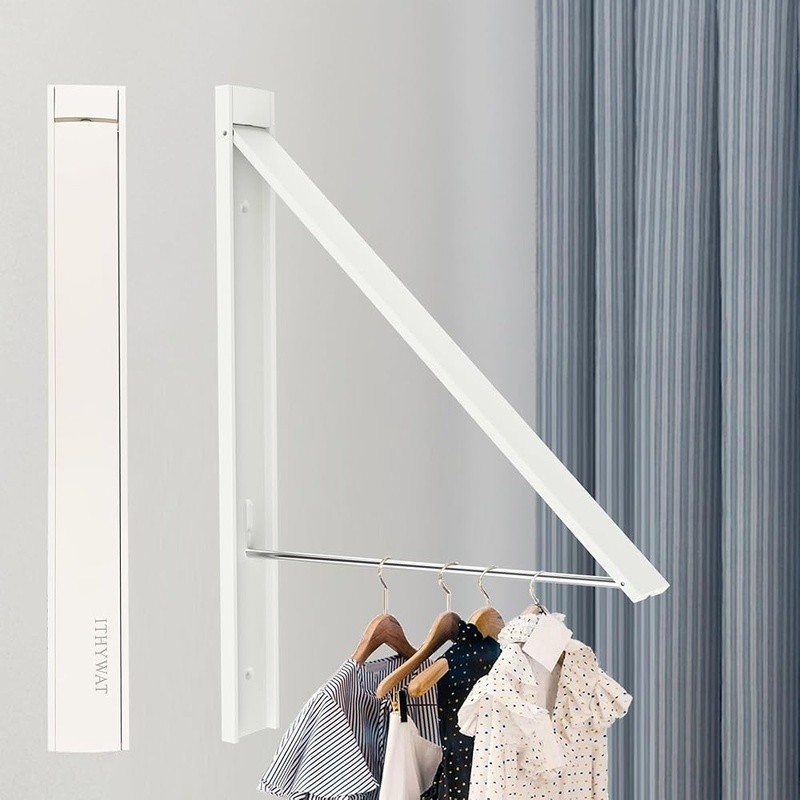 Retractable Clothes Rack Wall Mount Foldable Laundry Hanger Space Saving Storage