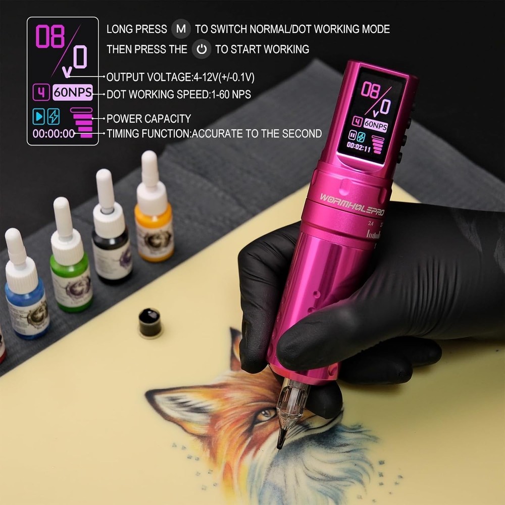 WORMHOLE PRO 7 Adjustable Stroke Cordless Tattoo Machine, Digital LED...