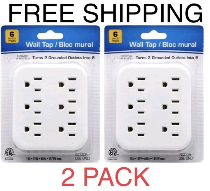 6-PACK White 6 Outlet Wall Outlet Adapters Multi Plug Power Splitters Electrical