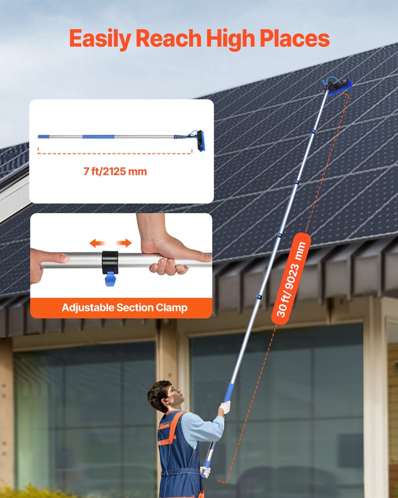 Water Fed Pole Kit 30FT Solar Panel Cleaning Pole 180° Rotatable Brush Head