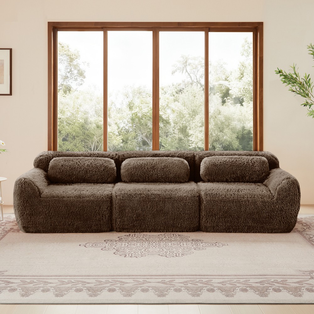 114'' Plush Modular Sectional Sofa w/Ottoman & Pillows - Chocolate