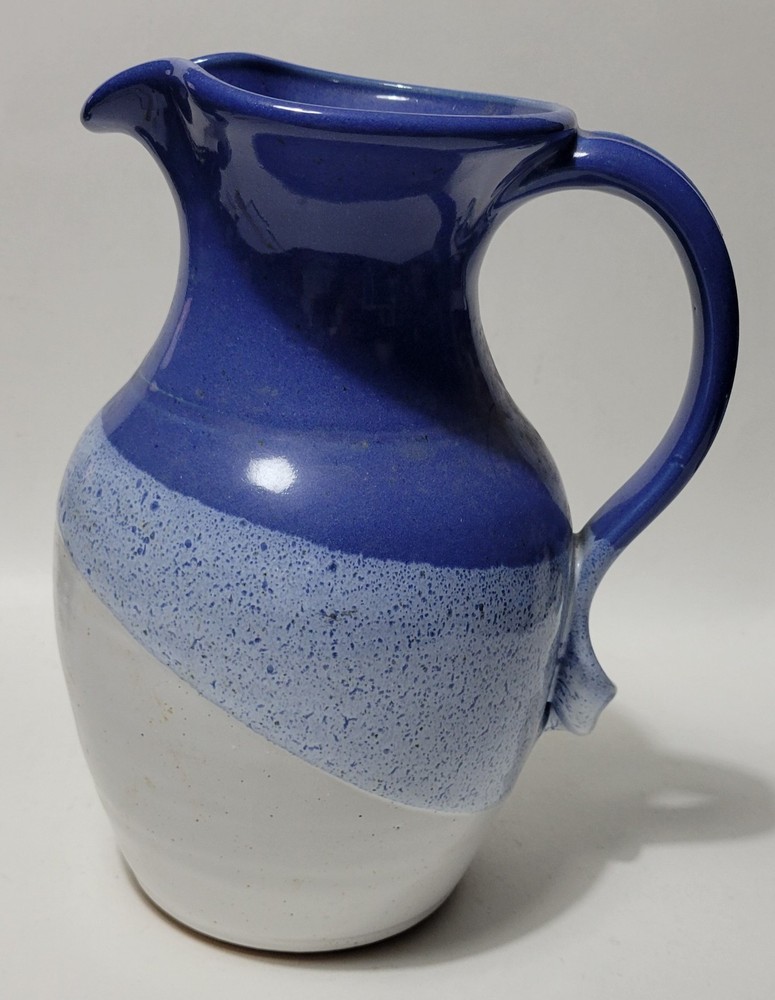 Signed Studio Art Pottery Blue White Pitcher With Twisted Handle