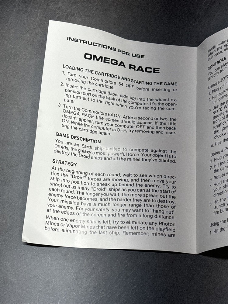COMMODORE 64 Omega Race Game With Instructions UNTESTED