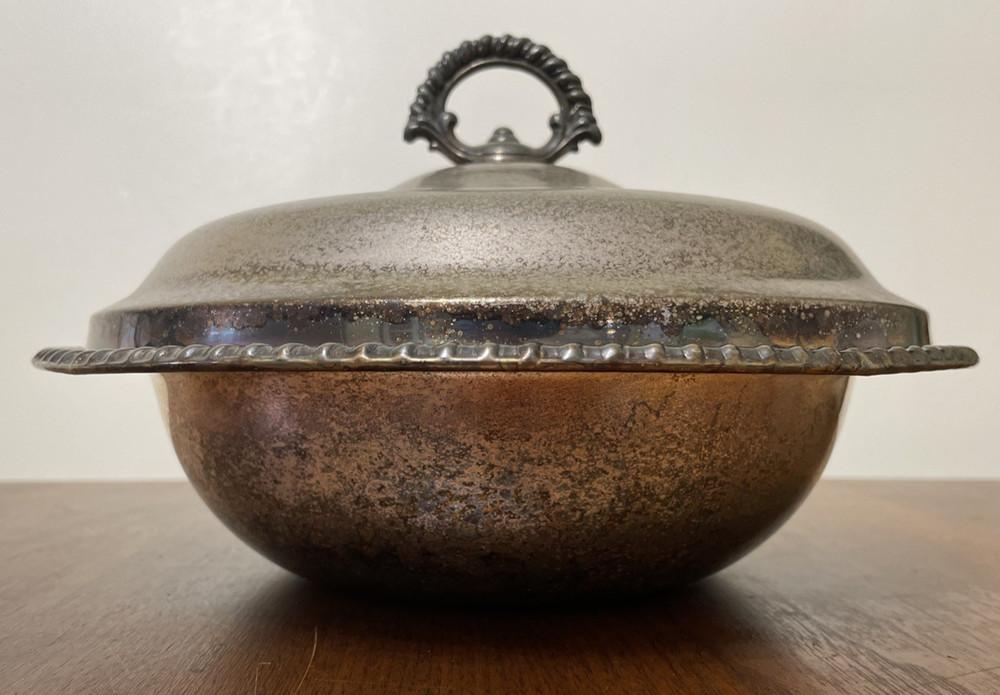 Vtg Wm Rodgers Silver Plated Round Covered Serving Bowl Casserole Dish Rope Edge