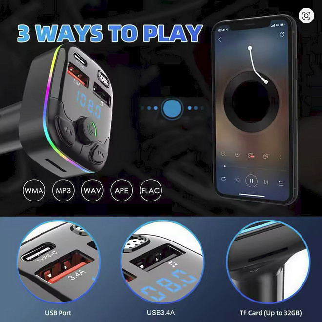 Car Charger FM Transmitter Bluetooth 5.0 PD Type-C Dual USB Ambient Player Hands
