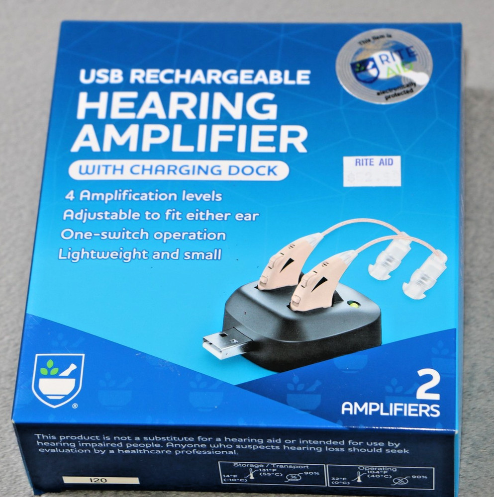 USB Rechargeable Hearing Amplifier 2 Pack w Charging Dock Adjustable Volume