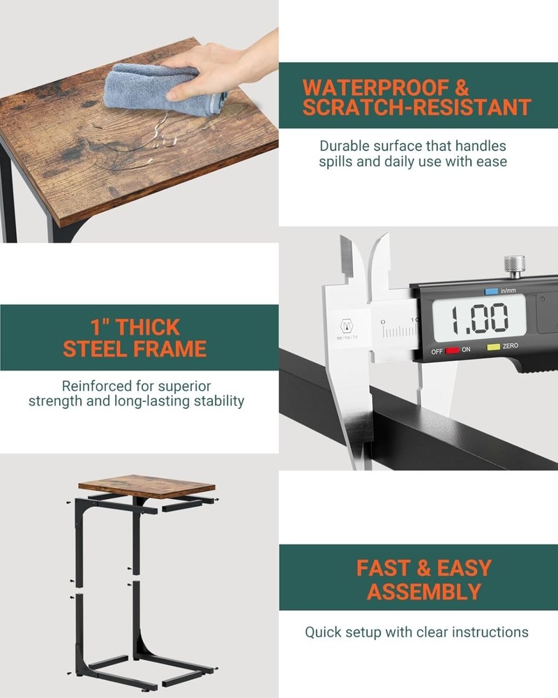 Compact C-Shaped Side Table with Waterproof Top - Rustic Brown & Metal Frame