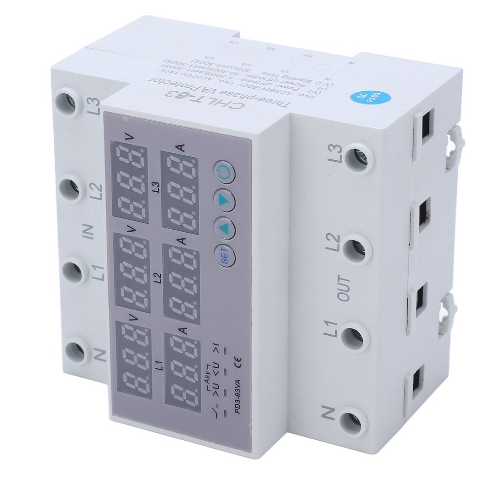 3Phase DIN Rail Voltmeter Ammeter Automatic Overvoltage Overcurrent Protector63A