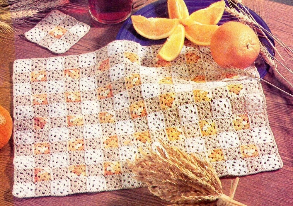 AUTUMN Gingham Place Mat & Coaster/CROCHET PATTERN INSTRUCTIONS ONLY