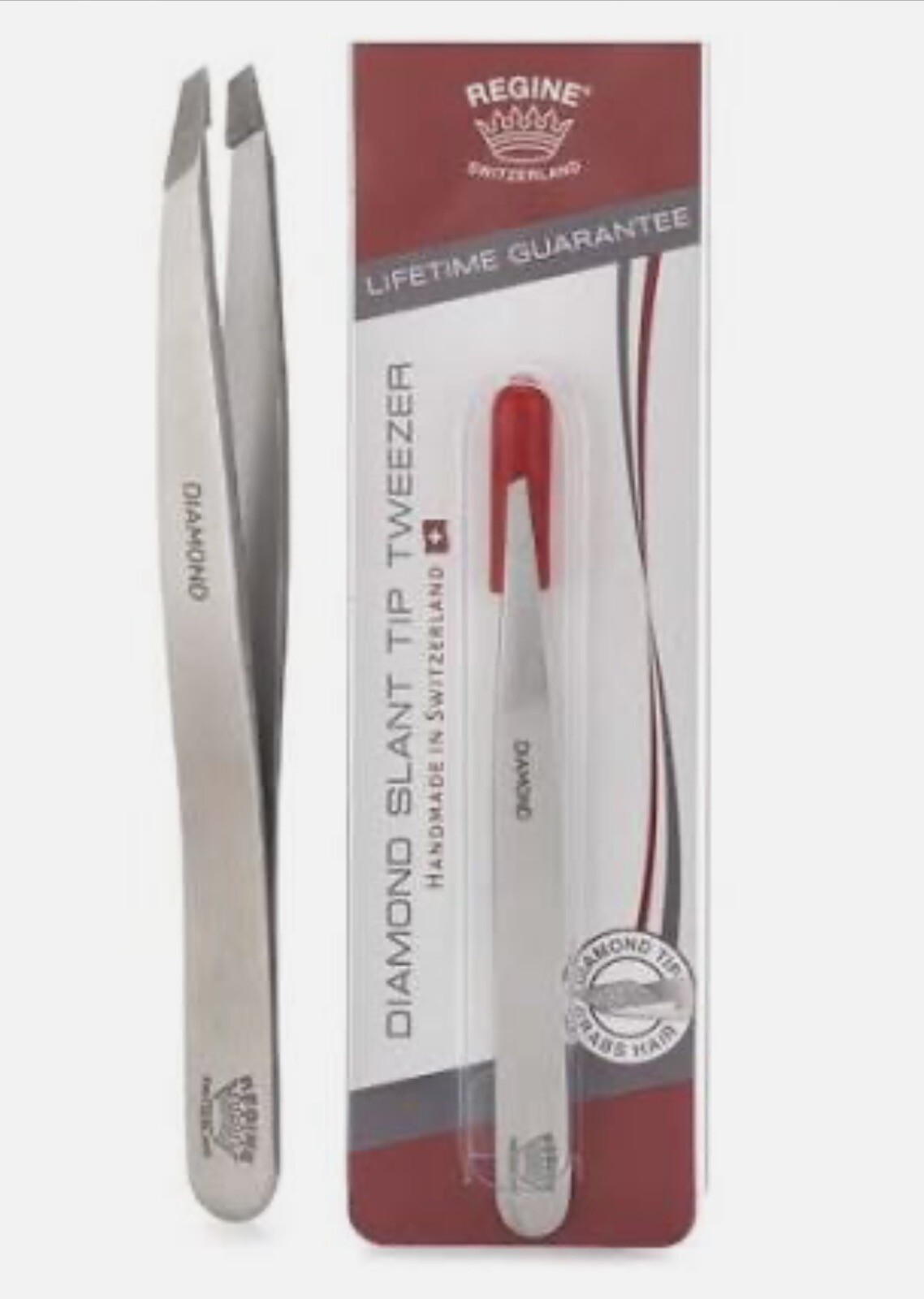 Regine Slant Tweezer Handmade in Switzerland Stainless Steel Etched Tip