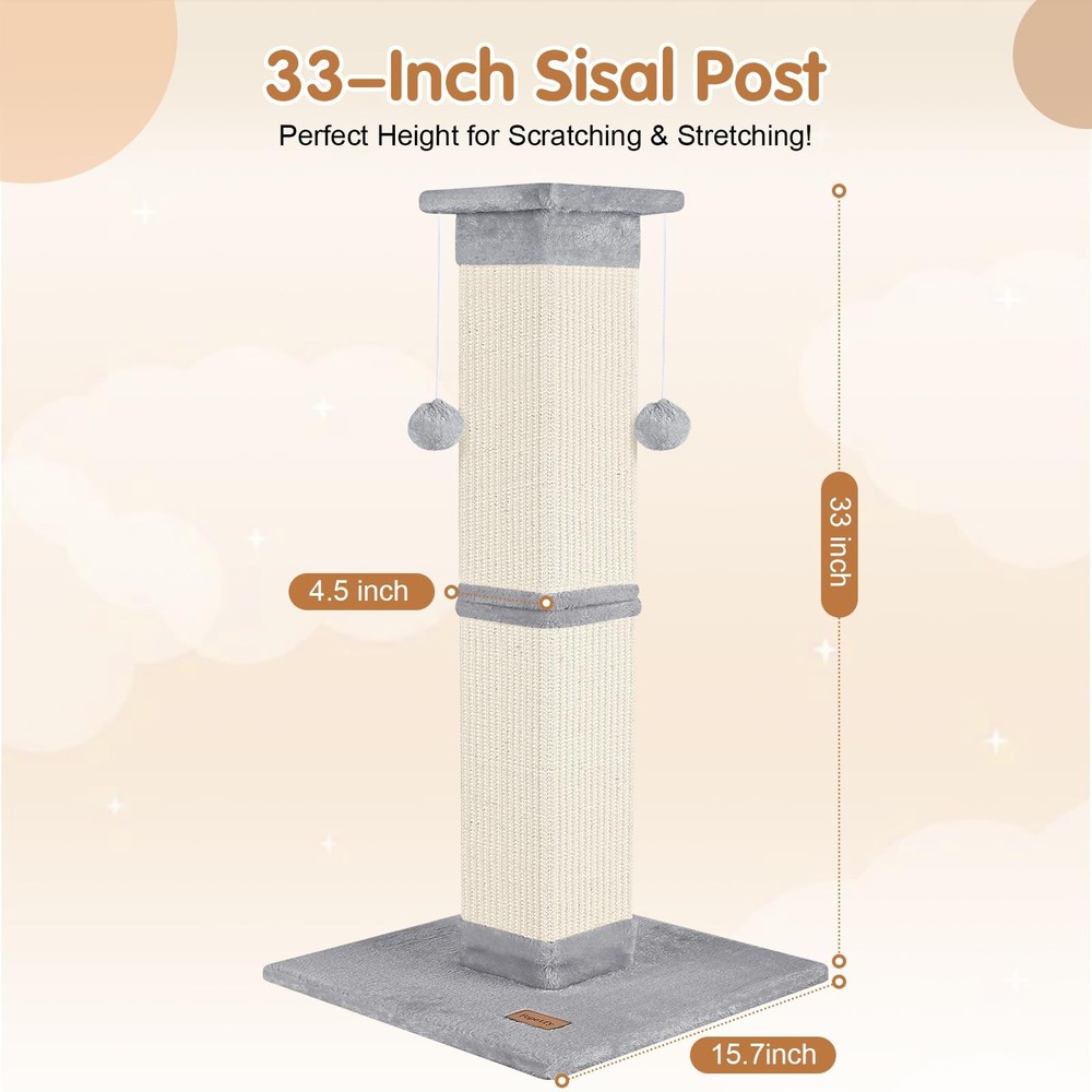 33 Inch Cat Scratching Post Grey Tree for FullBody Stretching