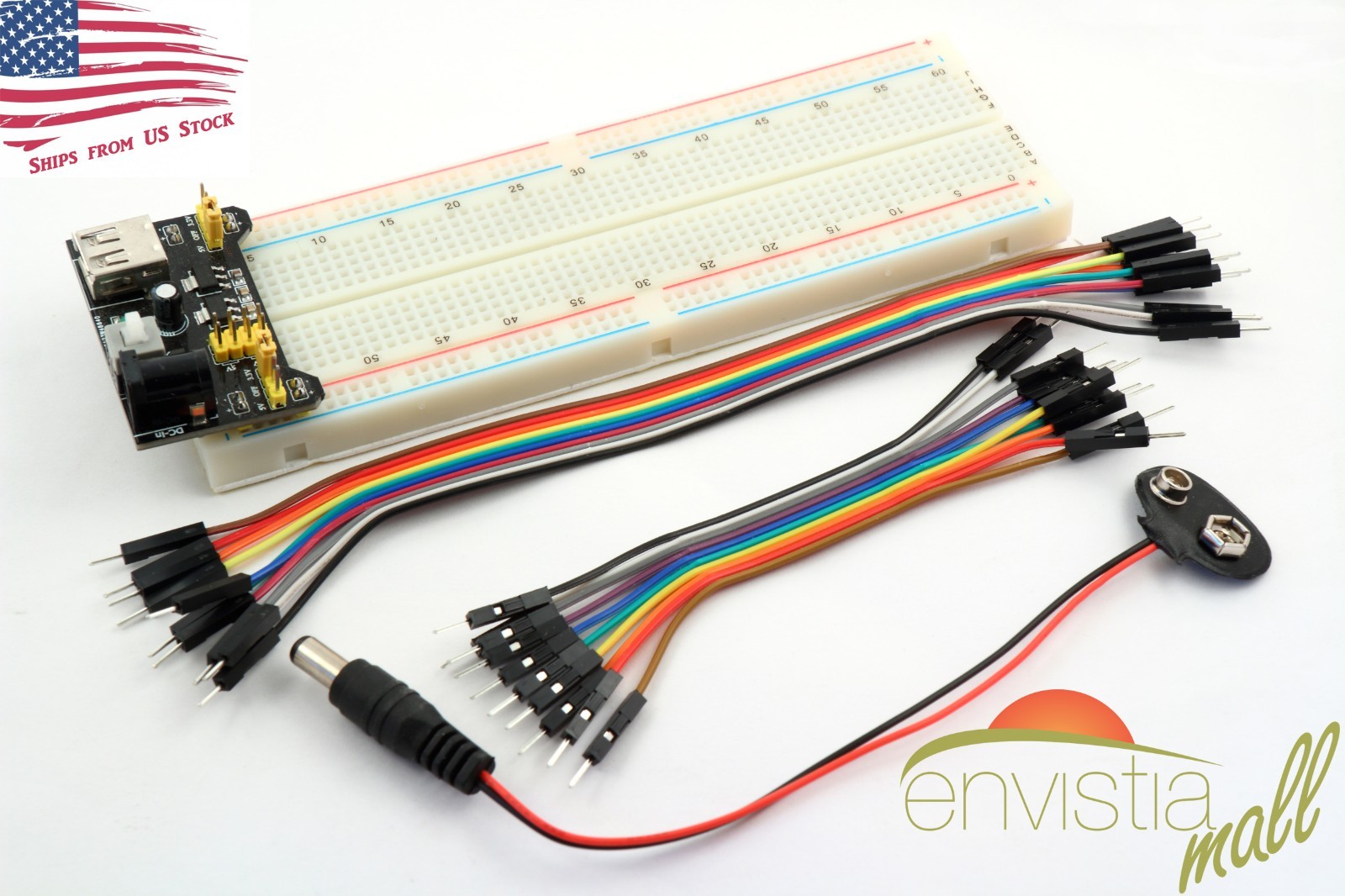 MB-102 830 Point Breadboard + 3.3V 5V Power Supply + 20 Jumpers + Battery Cable
